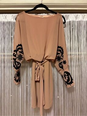 Luz Chiffon Tie-Waist Nude and Black Dress with Embroidered Sleeves